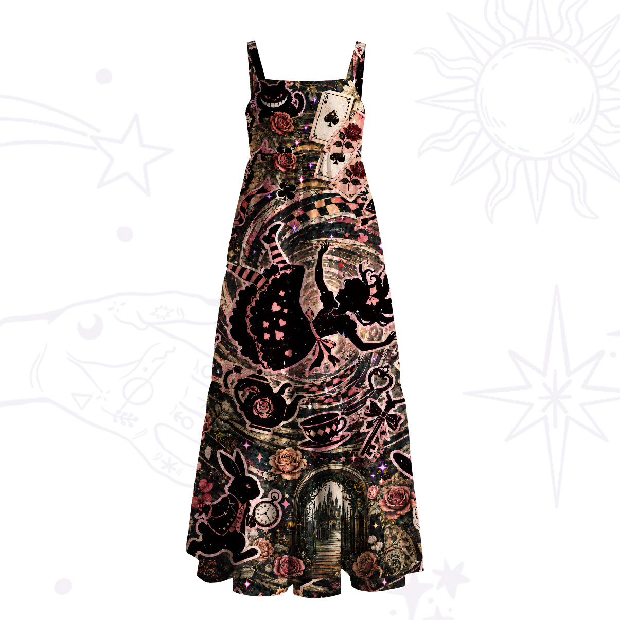 Purplehecate Vintage Alice in Wonderland Collage Wide Straps Maxi Dress