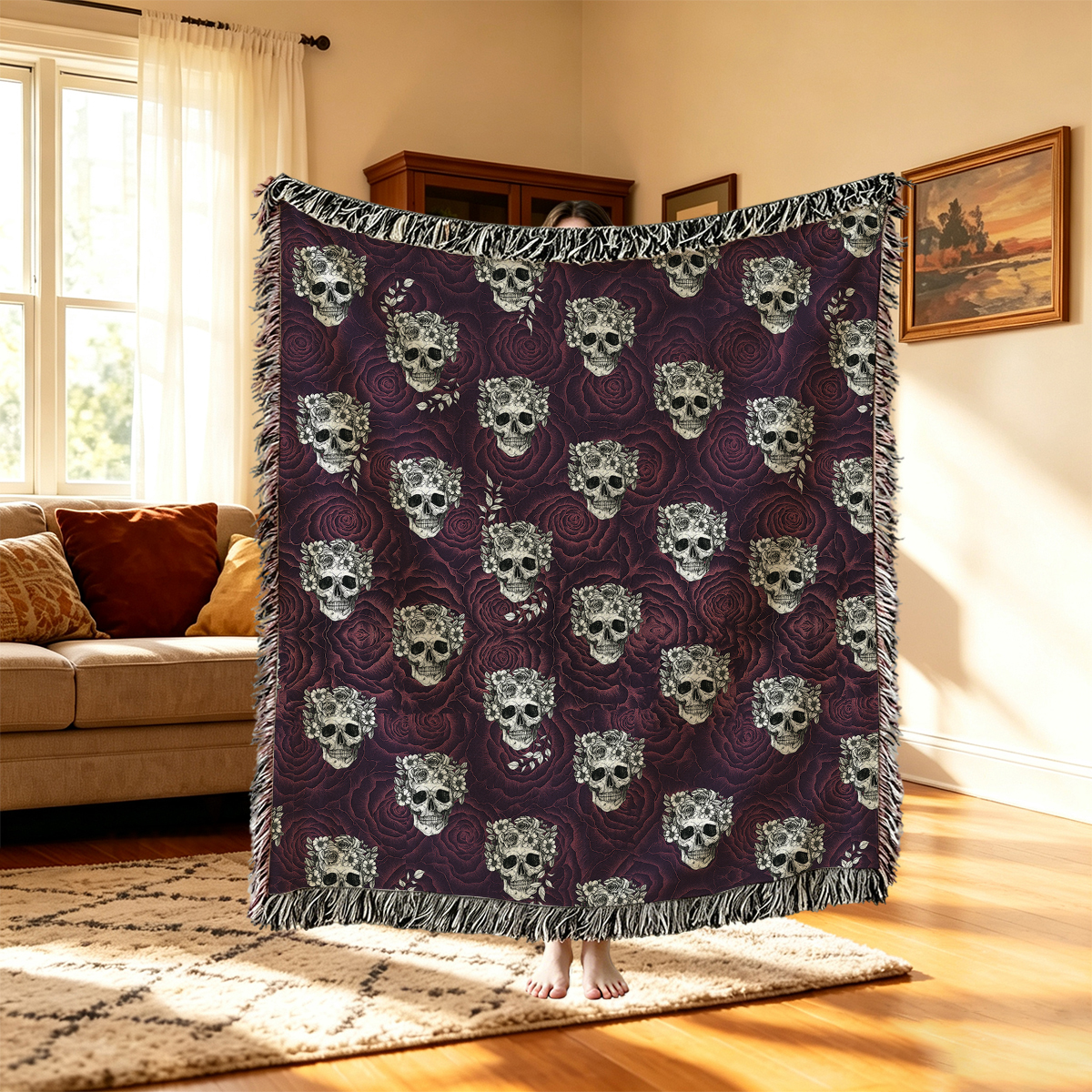 Purplehecate Rose Skull Woven Tapestry Blanket