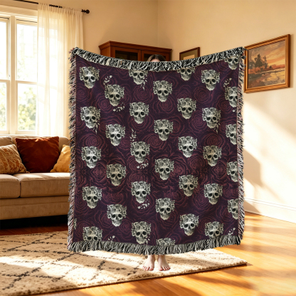 Purplehecate Rose Skull Woven Tapestry Blanket