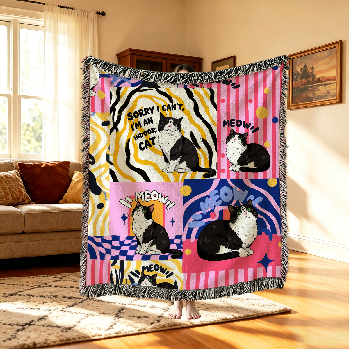 Purplehecate Sorry I Can't Go I'm an Indoor Cat Woven Tapestry Blanket