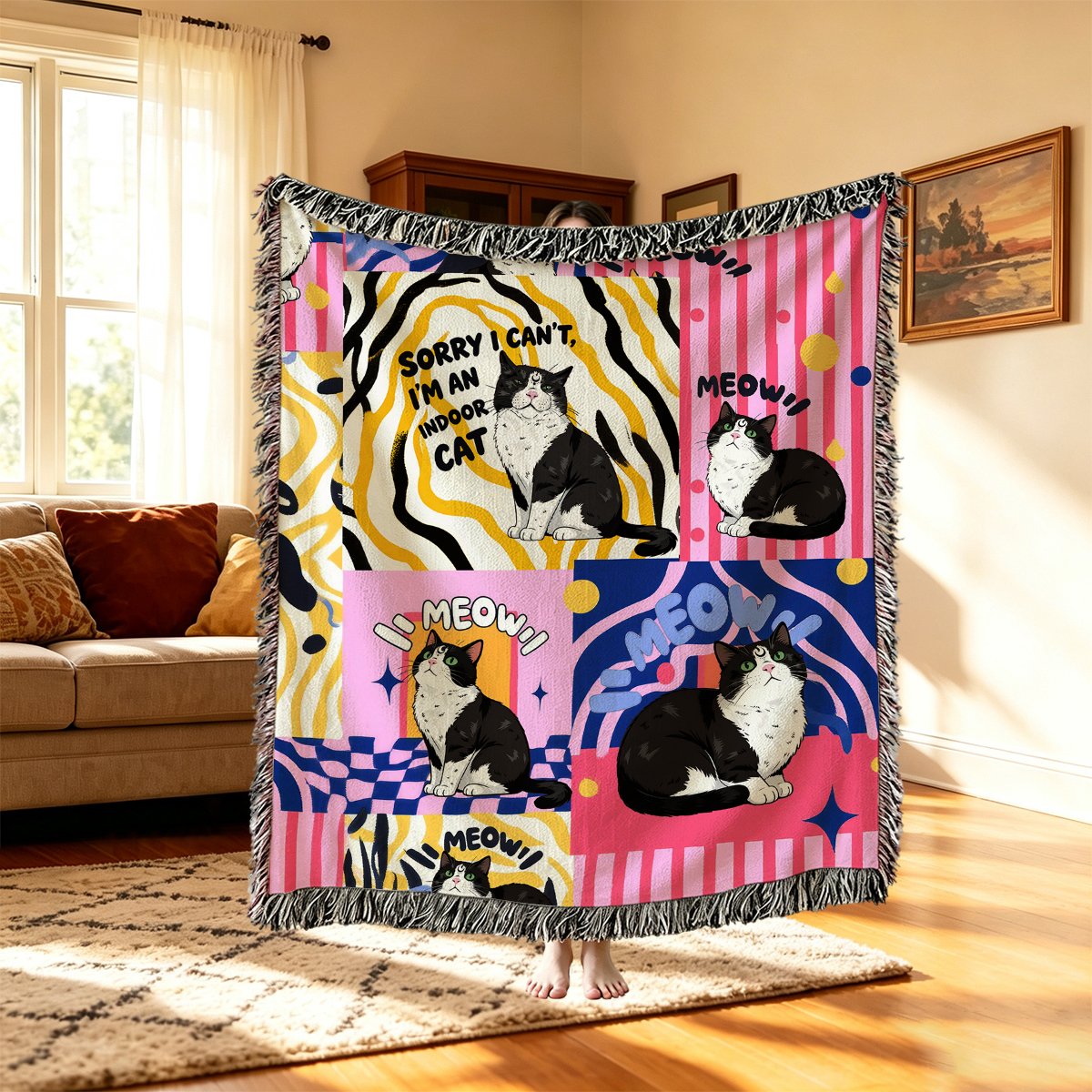 Purplehecate Sorry I Can't Go I'm an Indoor Cat Woven Tapestry Blanket