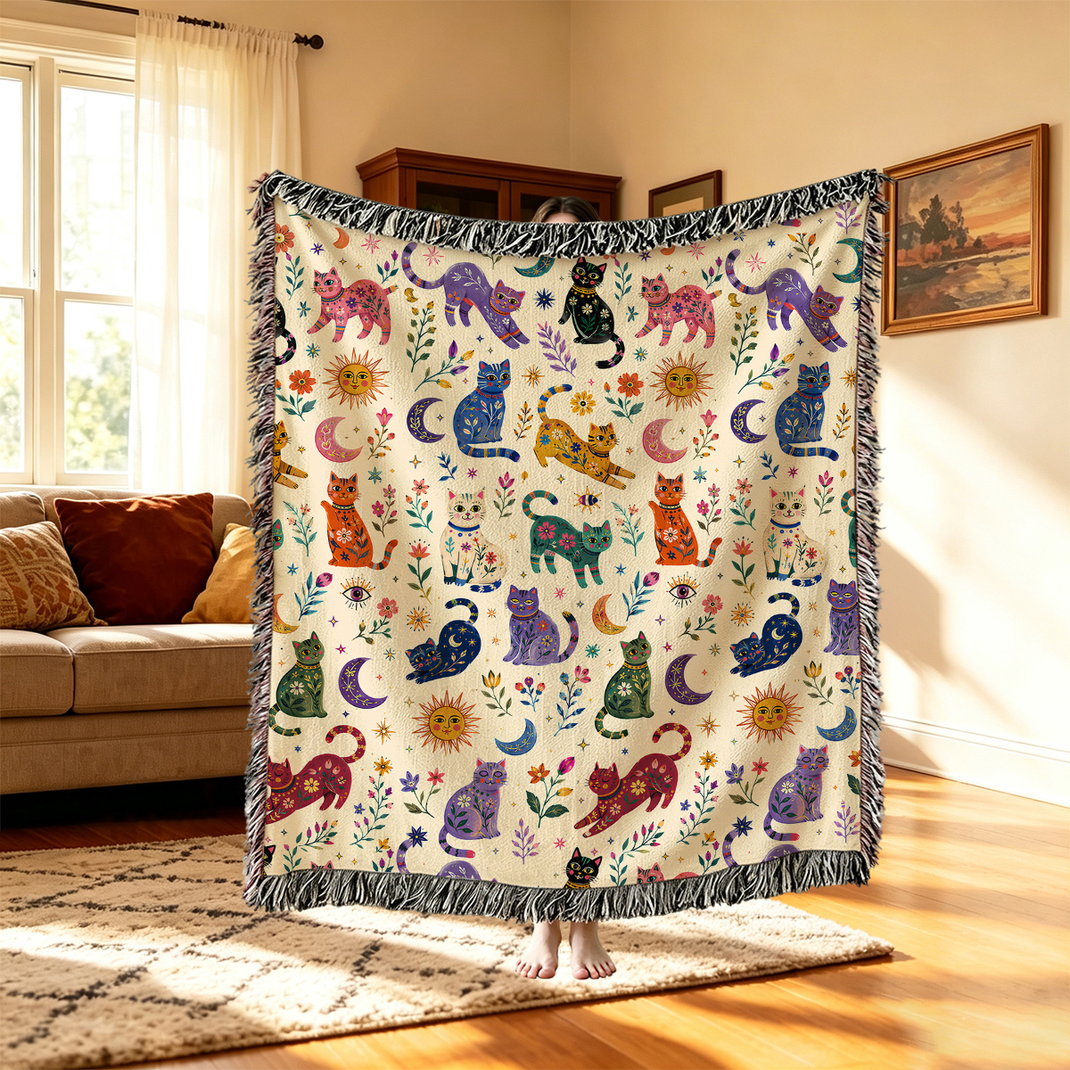 Purplehecate Rainbow Magic Cats Woven Tapestry Blanket