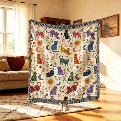 Purplehecate Rainbow Magic Cats Woven Tapestry Blanket