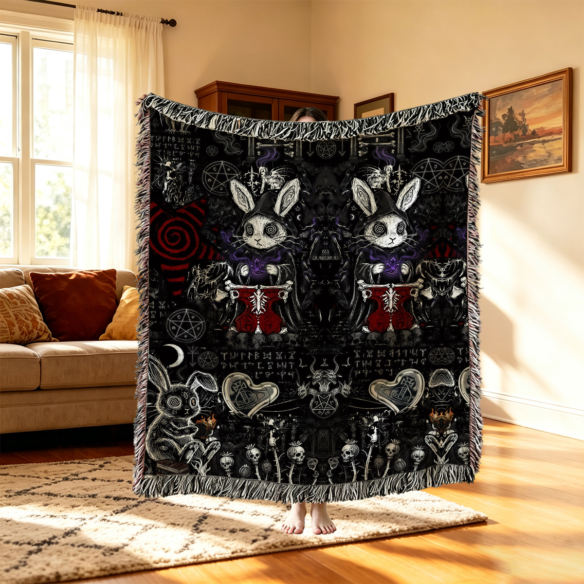 Purplehecate Gothic Cursed Bunny Ritual Woven Tapestry Blanket