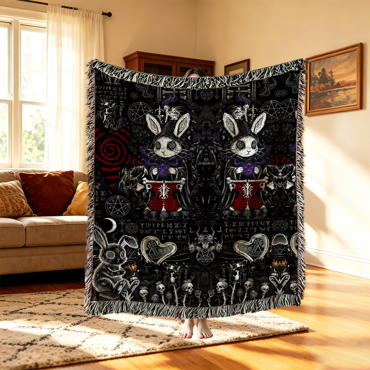 Purplehecate Gothic Cursed Bunny Ritual Woven Tapestry Blanket