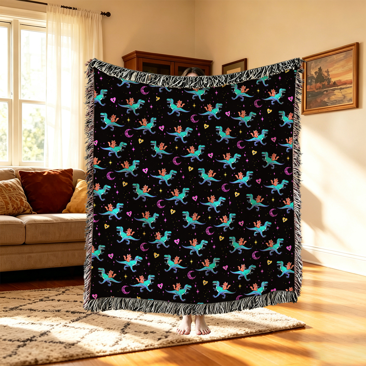 Purplehecate Witch Cat Rides the Dino Woven Tapestry Blanket