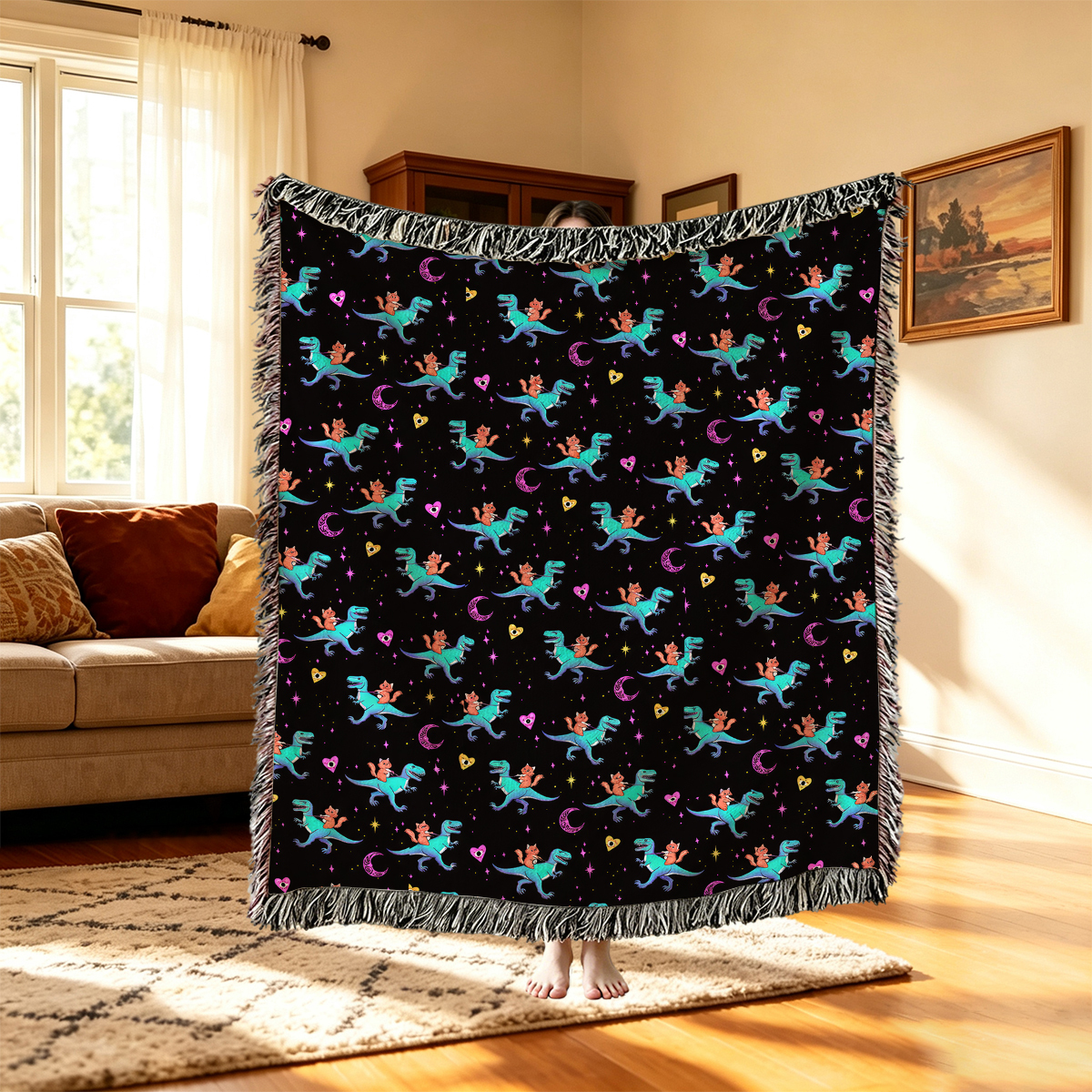 Purplehecate Witch Cat Rides the Dino Woven Tapestry Blanket