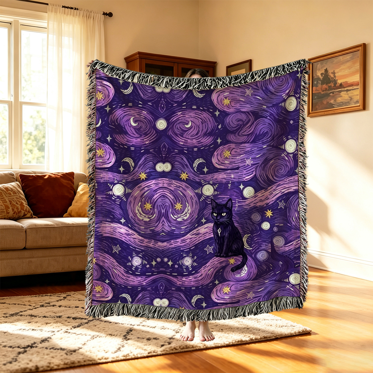Purplehecate Mystic Cat Beneath the Cosmic Veil Woven Tapestry Blanket