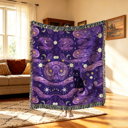 Purplehecate Mystic Cat Beneath the Cosmic Veil Woven Tapestry Blanket