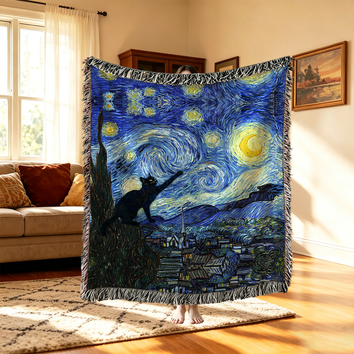 Purplehecate Witch Cat Under the Starry Night Woven Tapestry Blanket