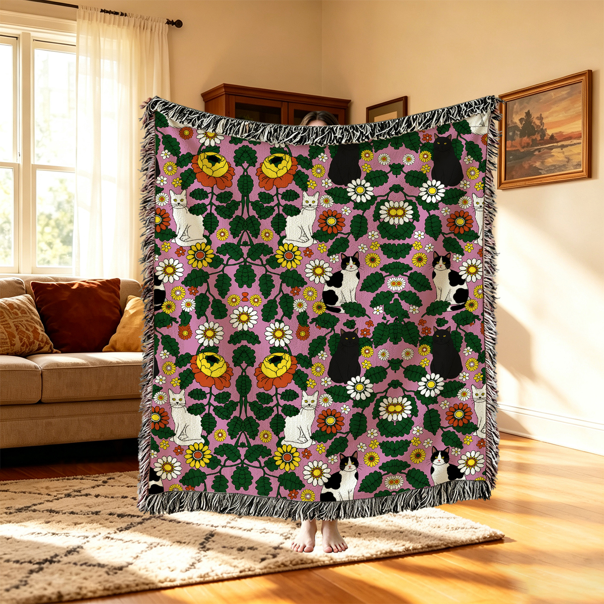 Purplehecate Daisy Cat  Garden Woven Tapestry Blanket