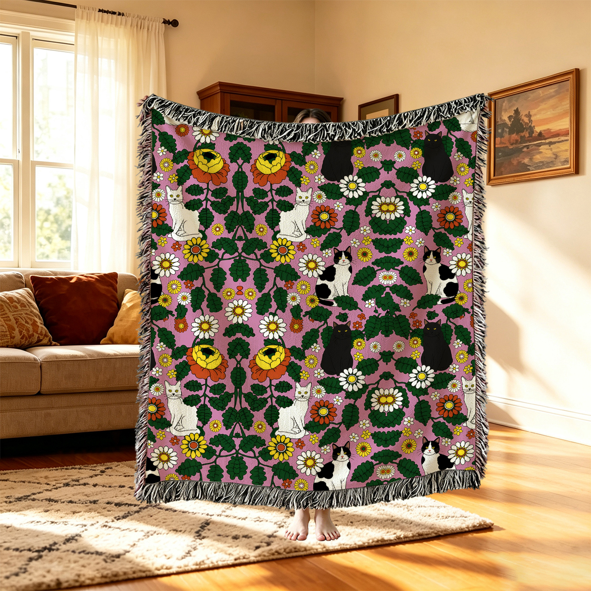 Purplehecate Daisy Cat  Garden Woven Tapestry Blanket