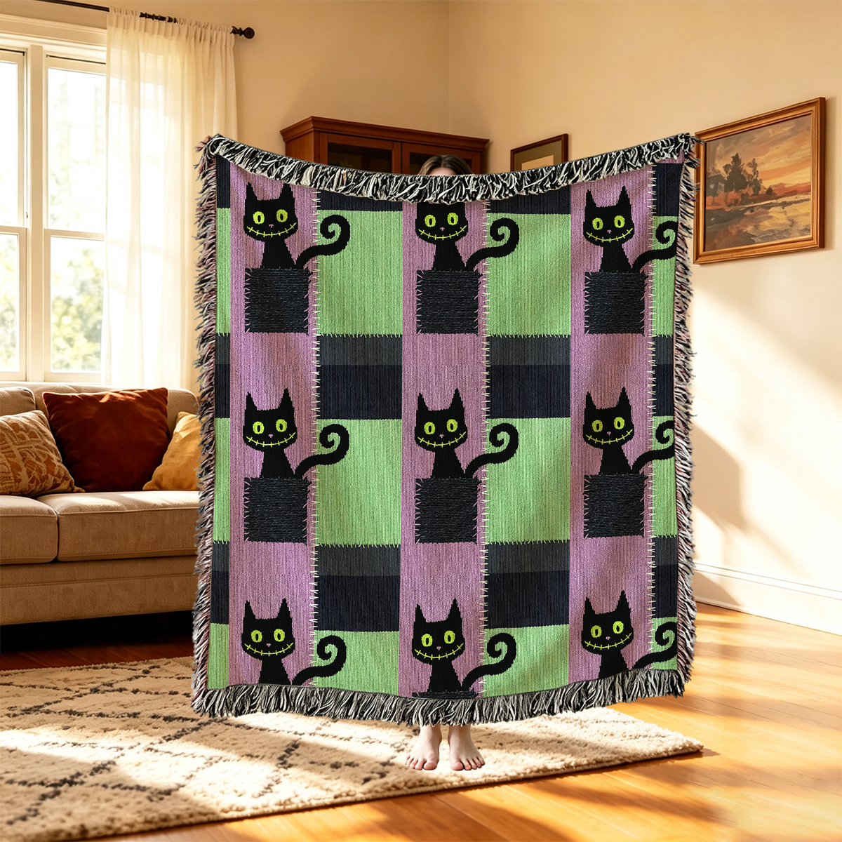 Purplehecate Monster Black Cat Woven Tapestry Blanket
