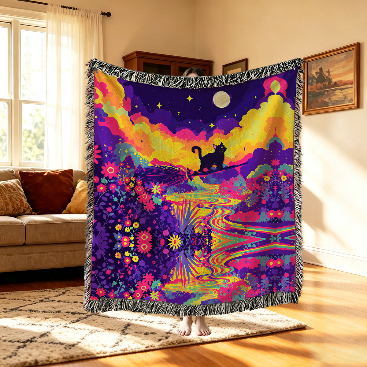 Purplehecate Midnight Cosmic Cat Fantasy Woven Tapestry Blanket