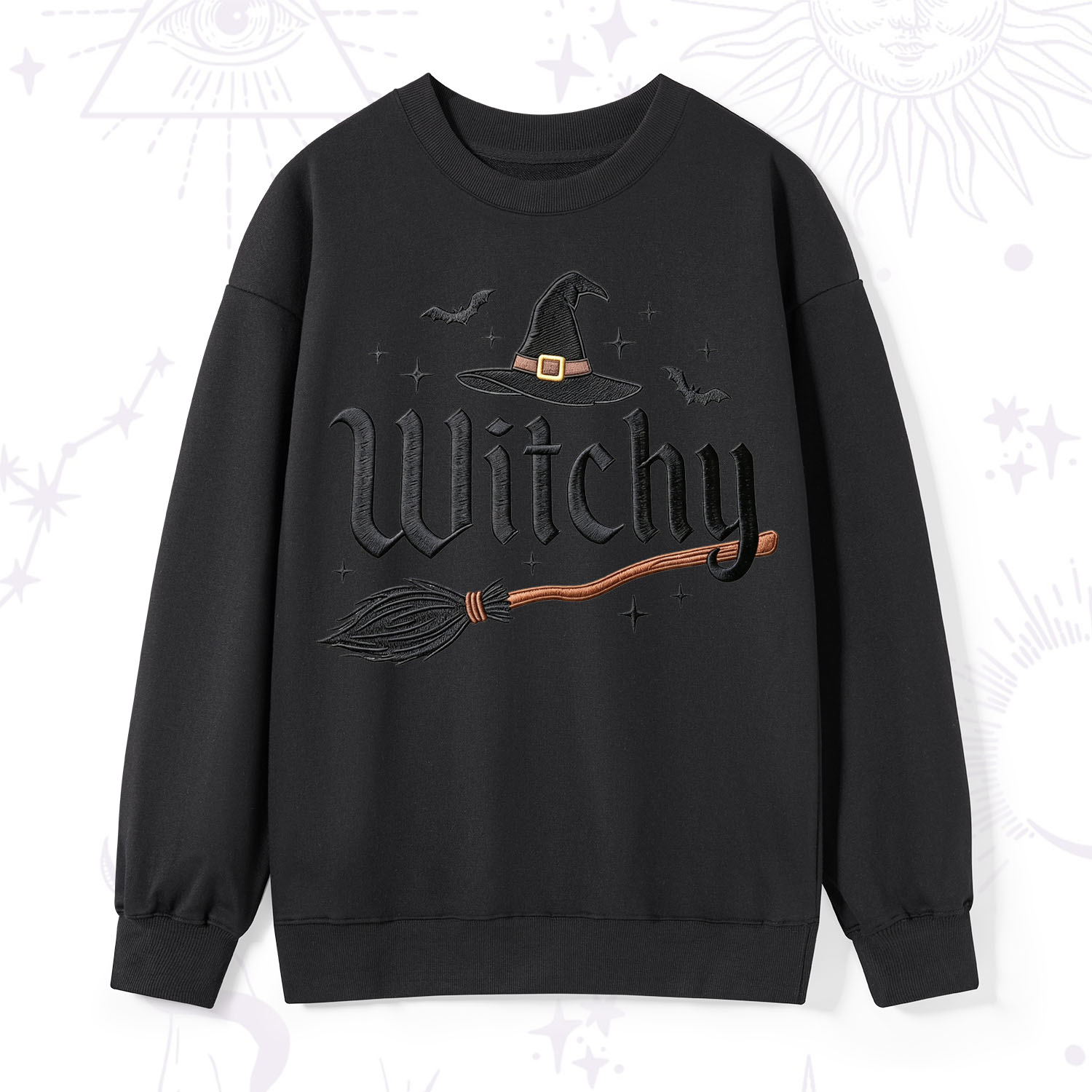 Purplehecate Bat and Broomstick Witch Embroidered Sweatshirt
