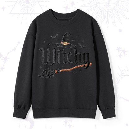 Purplehecate Bat and Broomstick Witch Embroidered Sweatshirt