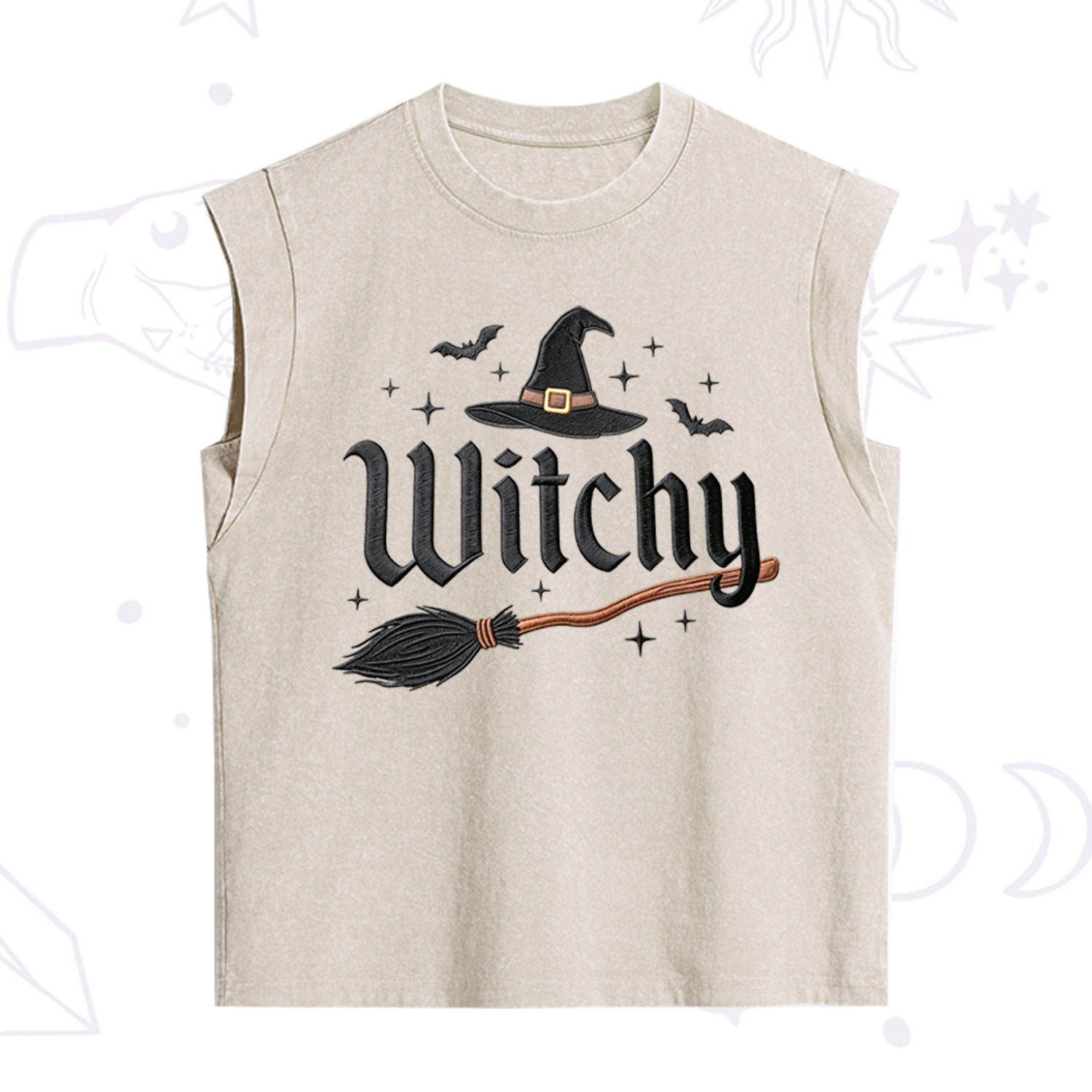 Purplehecate Bat and Broomstick Witch Embroidered Vintage Washed Tank
