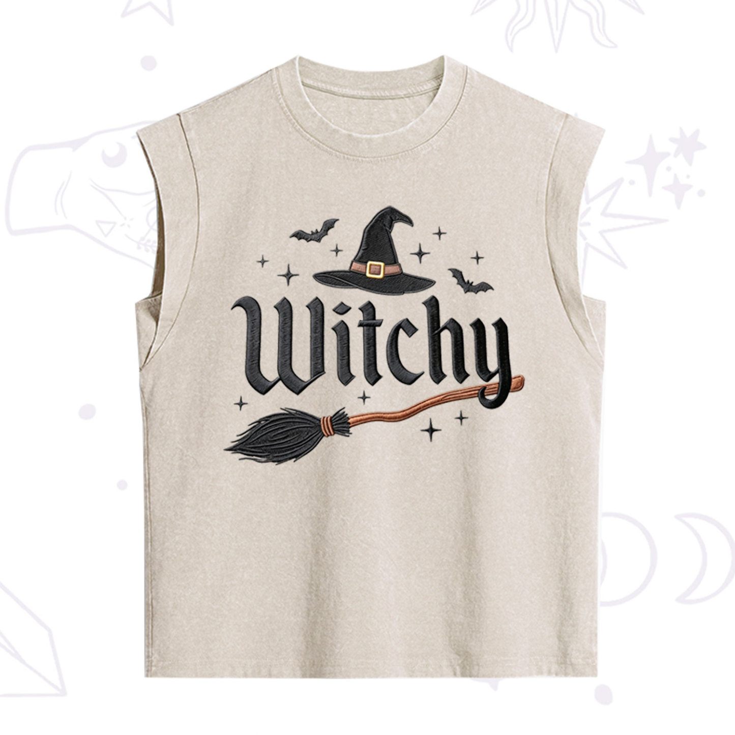 Purplehecate Bat and Broomstick Witch Embroidered Vintage Washed Tank