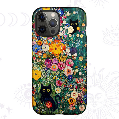 Purplehecate Fluffy Black Cat in Colorful Flower Field Phone Case