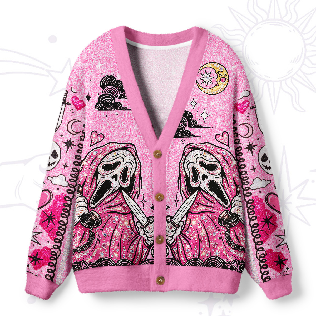 Purplehecate Pink Glitter Scream Mask Spooky Ugly Cardigan Sweaters