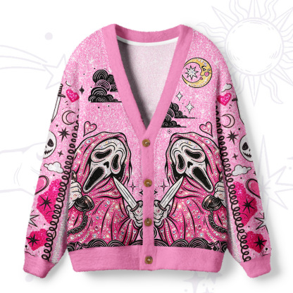 Purplehecate Pink Glitter Scream Mask Spooky Ugly Cardigan Sweaters