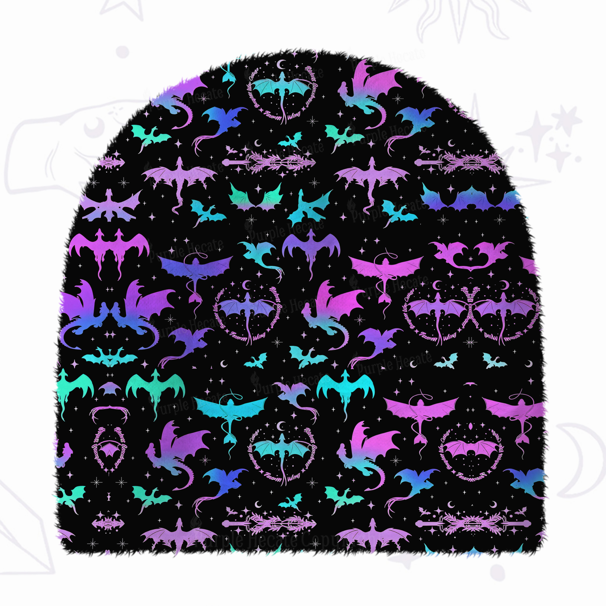 Purplehecate Neon Fantasy Dragon Allover Fuzzy Knit Beanie