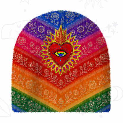 Purplehecate Rainbow Striped Sacred Heart Fuzzy Knit Beanie