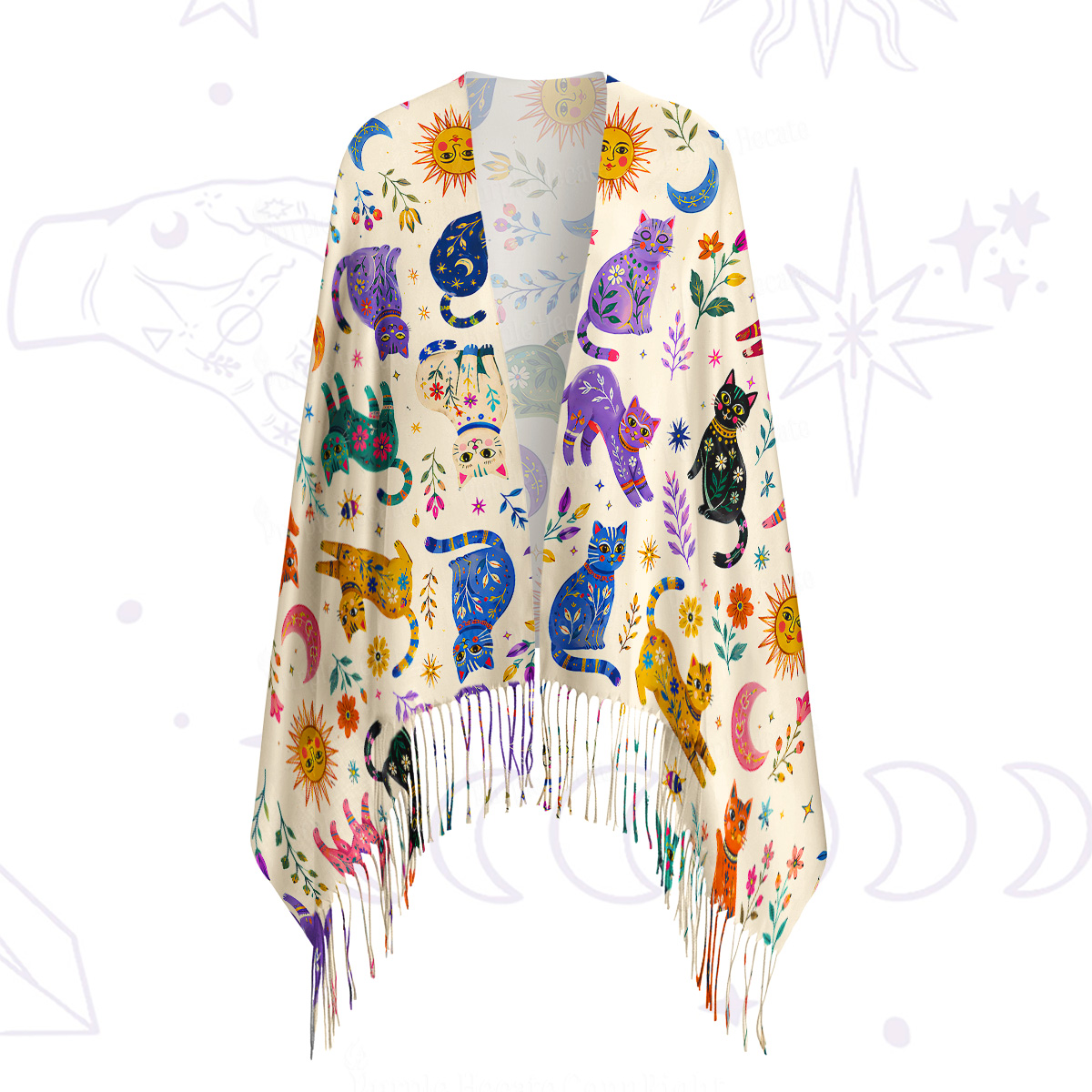Purplehecate Rainbow Magic Cats Printed Fringe Scarf