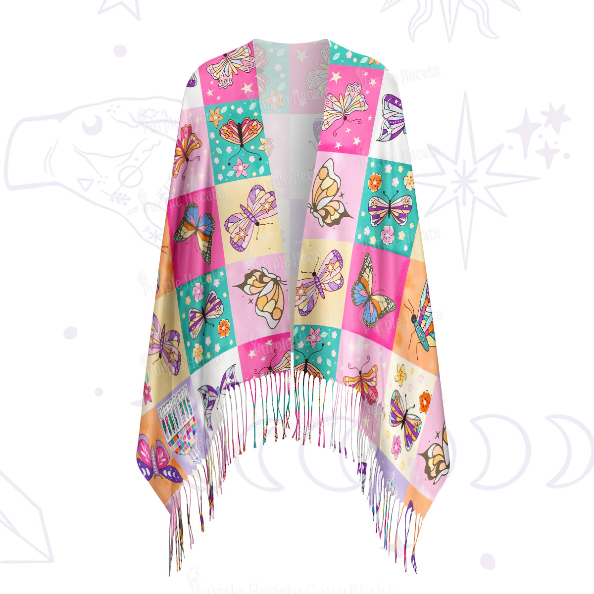 Purplehecate Dreamy Butterfly Garden Printed Fringe Scarf
