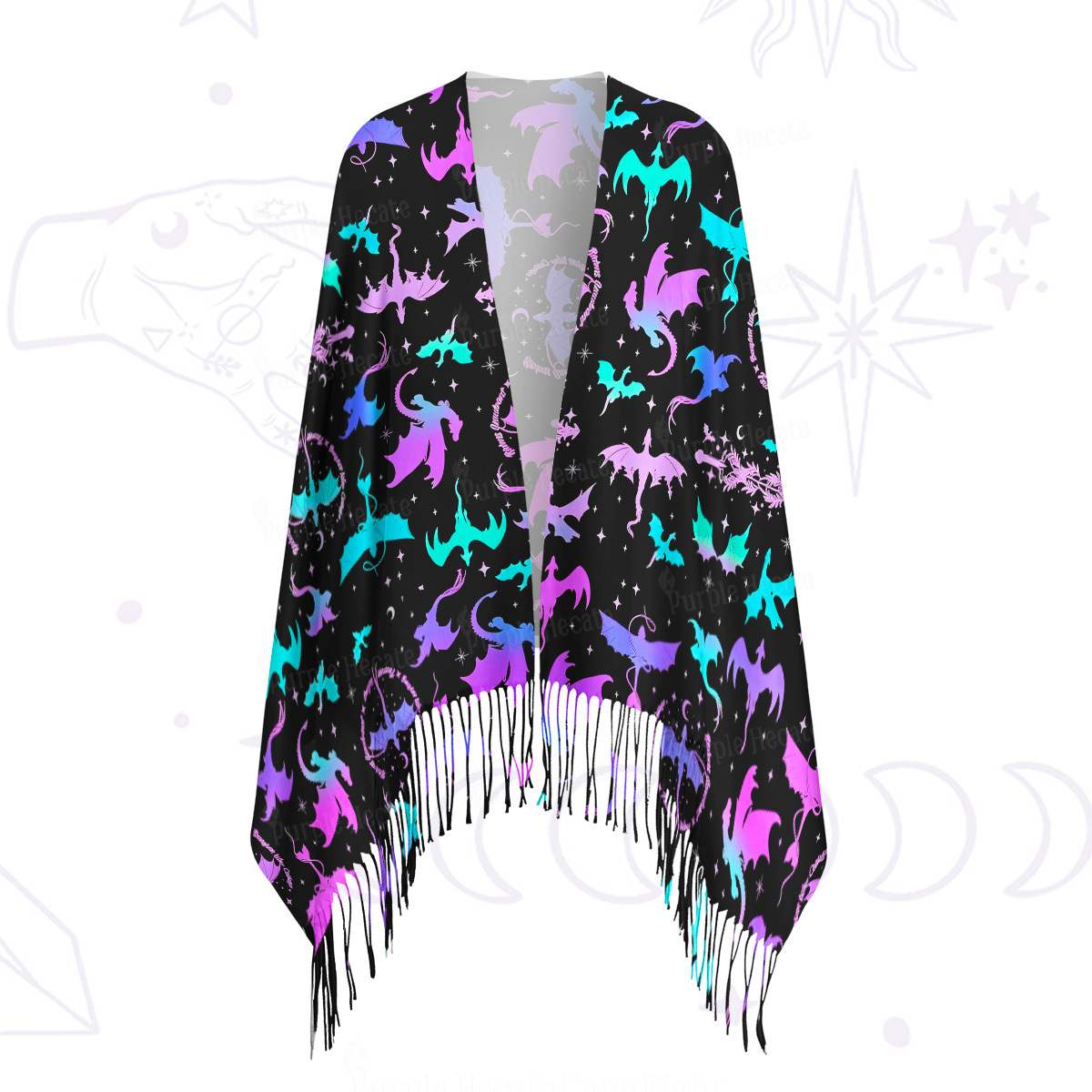 Purplehecate Neon Fantasy Dragon Allover Printed Fringe Scarf