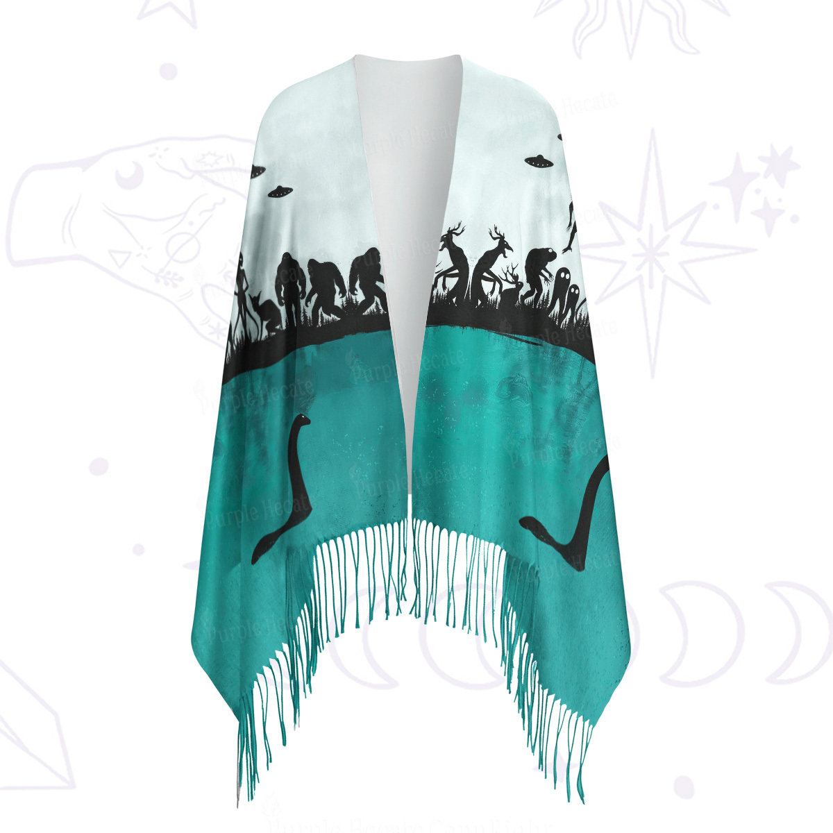 Purplehecate Alien Lake Monster Encounter Printed Fringe Scarf