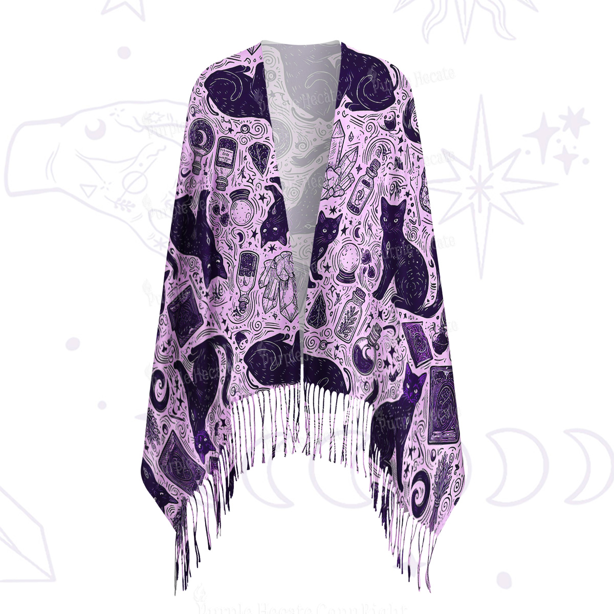 Purplehecate Midnight Black Cat Witch Potion Printed Fringe Scarf