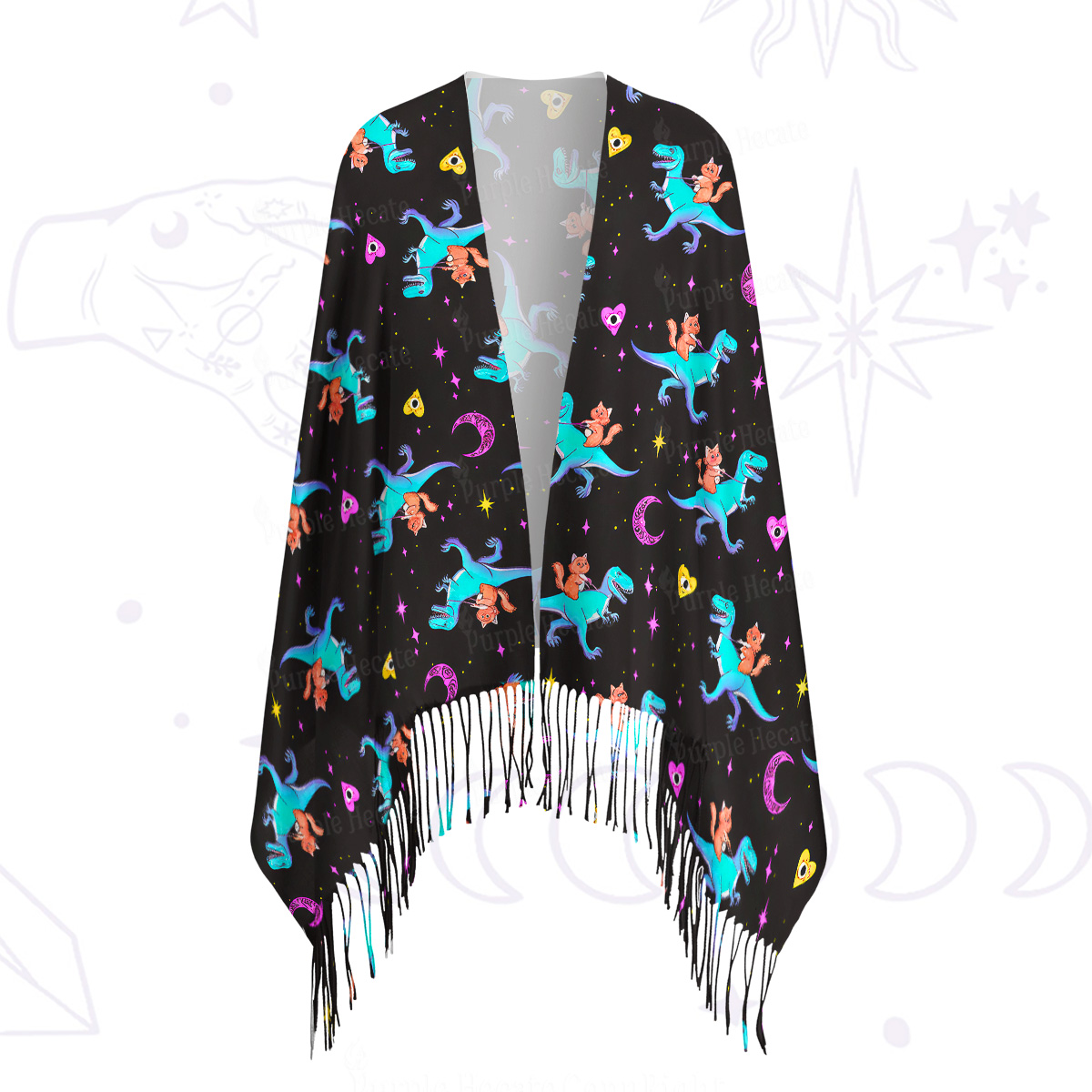 Purplehecate Witch Cat Rides the Dino Printed Fringe Scarf