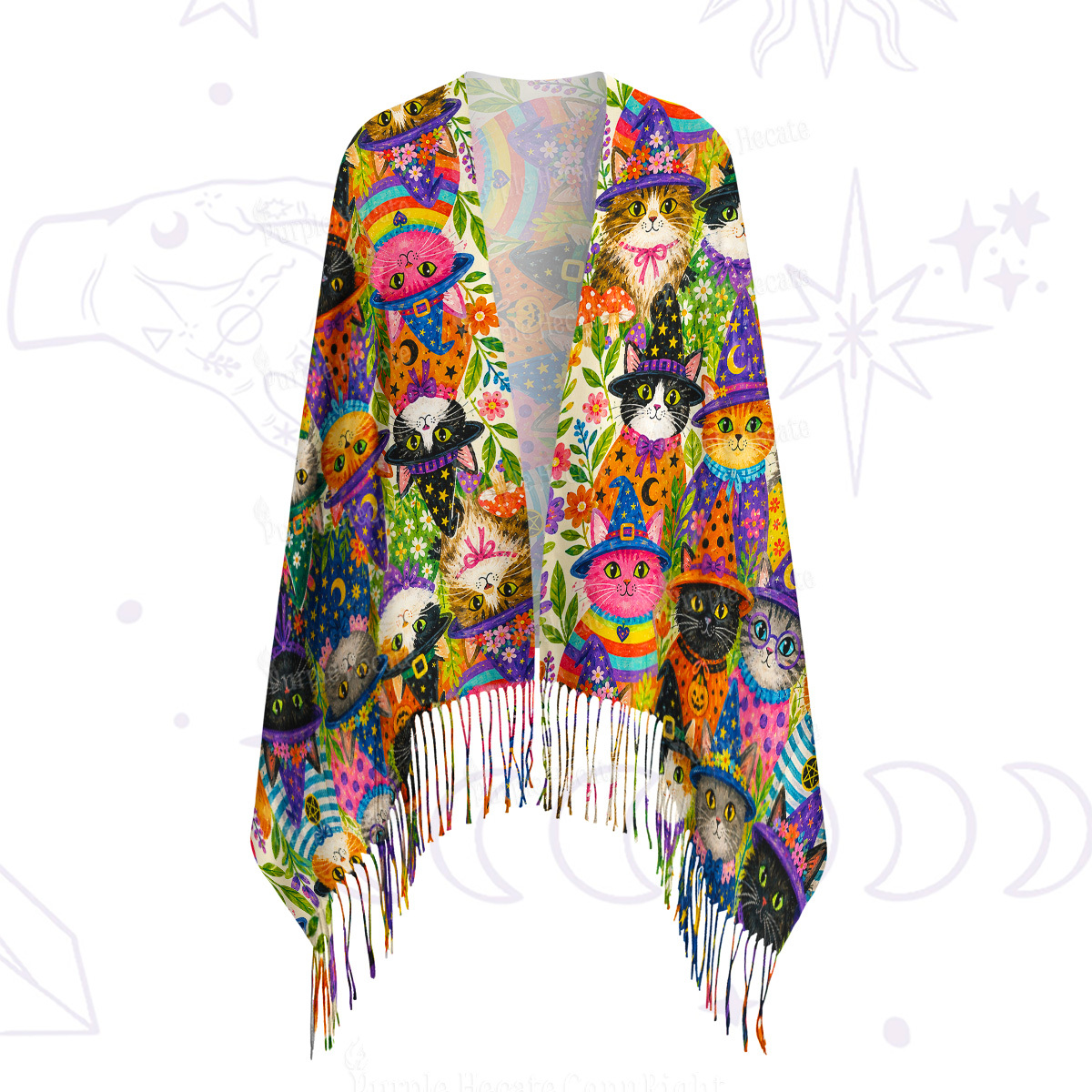 Purplehecate Witchy Meow-Meow Gathering Printed Fringe Scarf