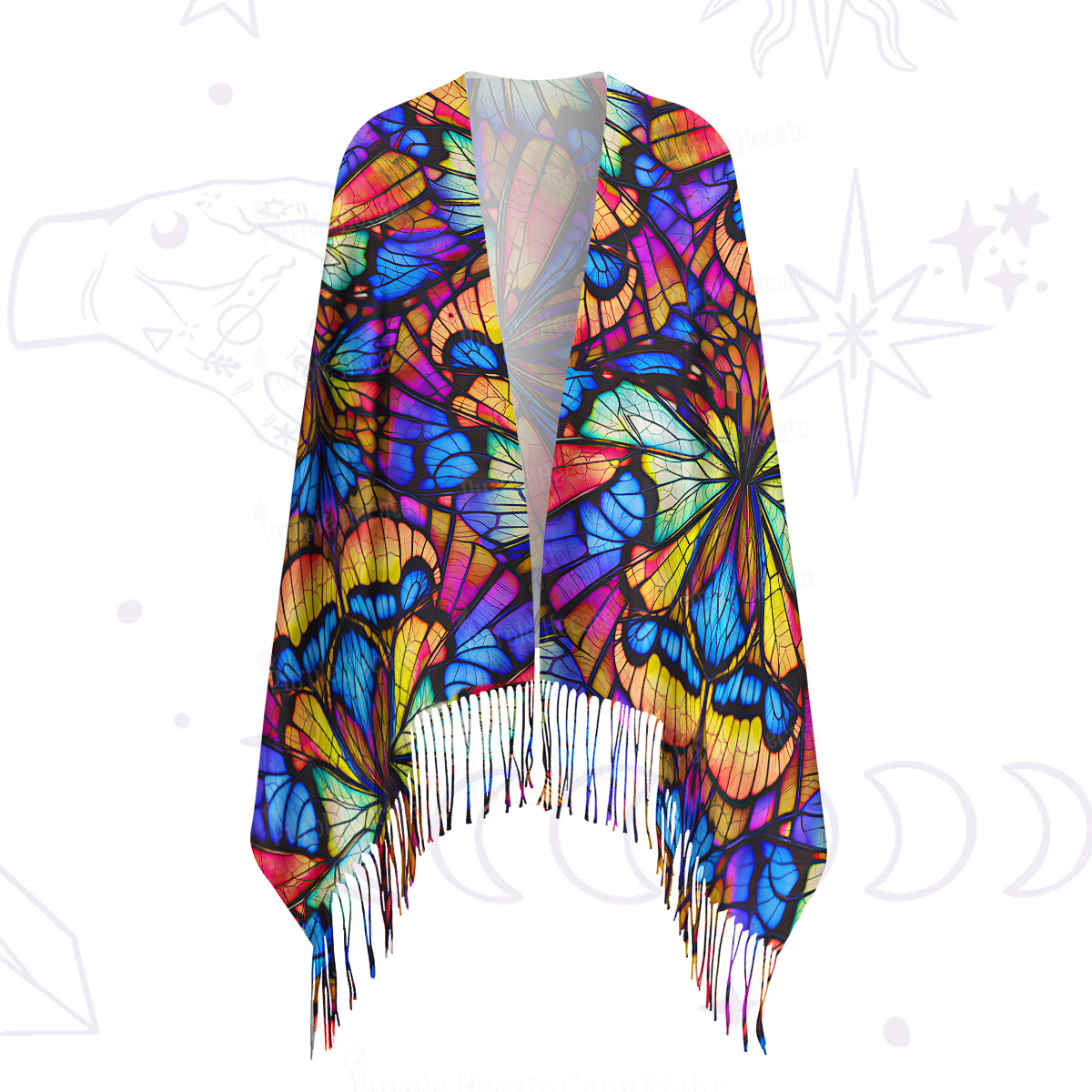 Purplehecate Colorful Butterfly Wing Pattern Printed Fringe Scarf