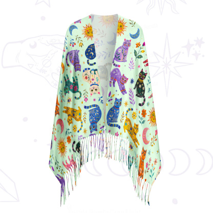 Purplehecate Rainbow Magic Cats Printed Fringe Scarf