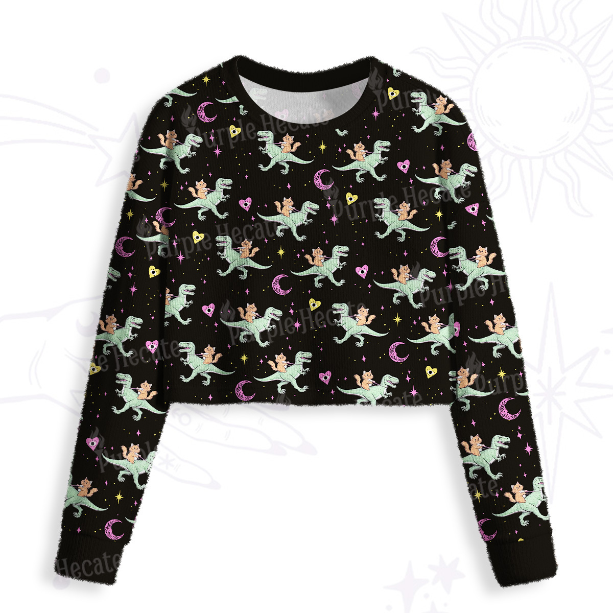 Purplehecate Witch Cat Rides the Dino Crop Fuzzy Ugly Sweatshirt
