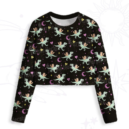 Purplehecate Witch Cat Rides the Dino Crop Fuzzy Ugly Sweatshirt