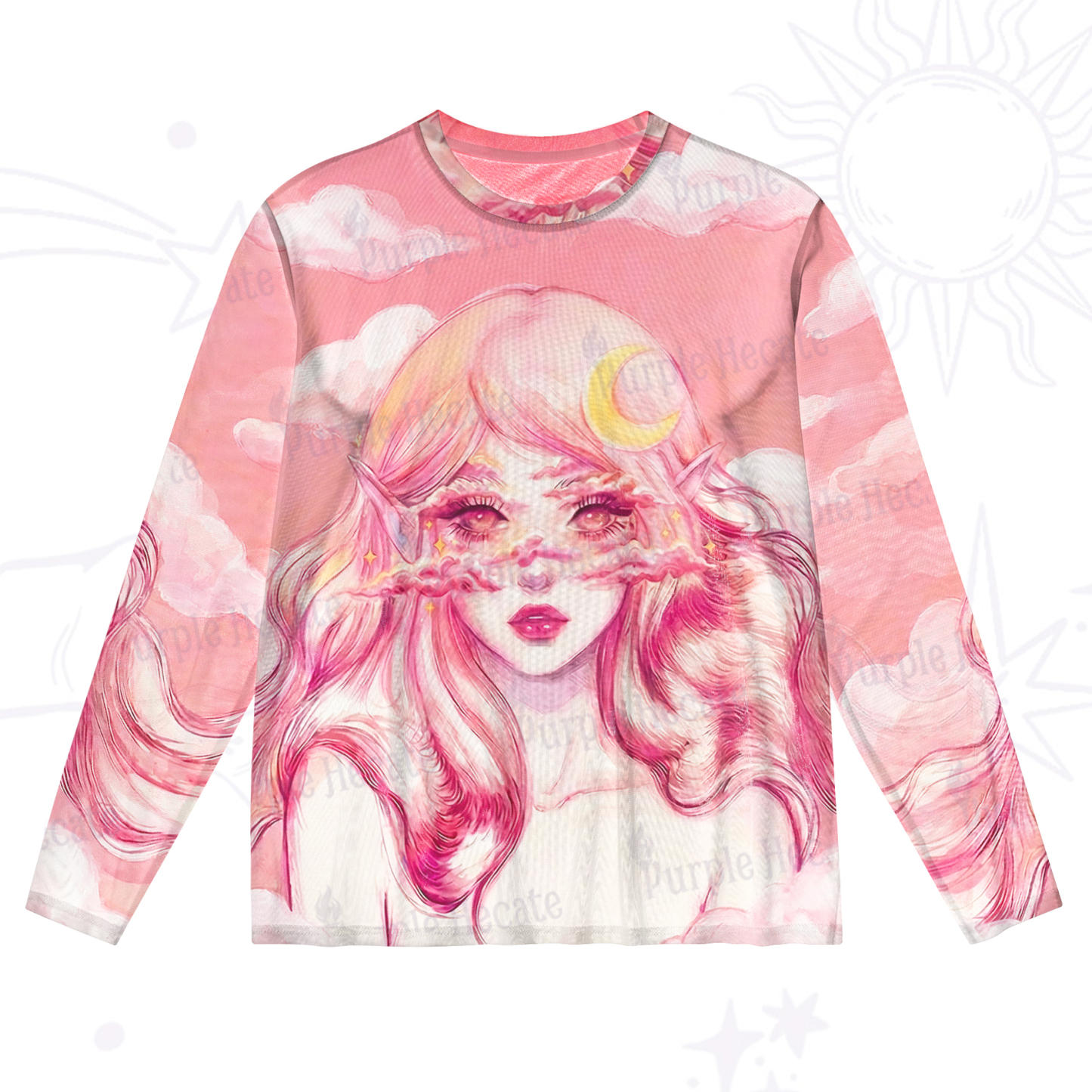Purplehecate Pink Moon Goddess Witchy Mesh Long Sleeve Top
