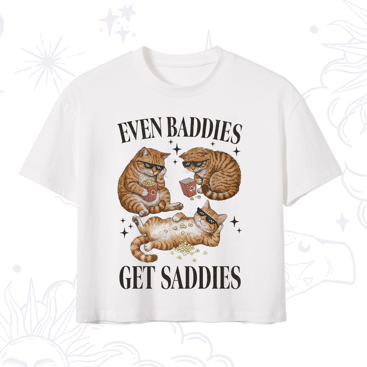 Purplehecate Even Baddies Get Saddies Funny Cat Crop T-Shirt