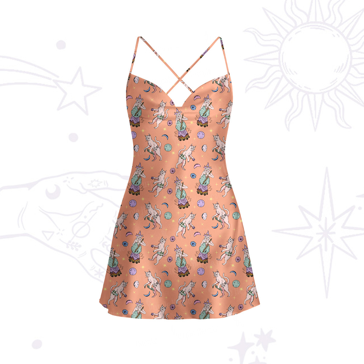 Purplehecate Cat Coven Satin Cross Back Mini Dress