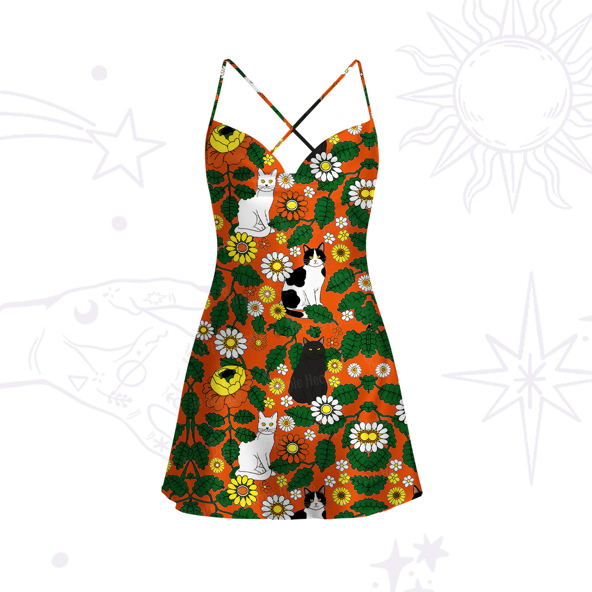 Purplehecate Daisy Cat  Garden Satin Cross Back Mini Dress