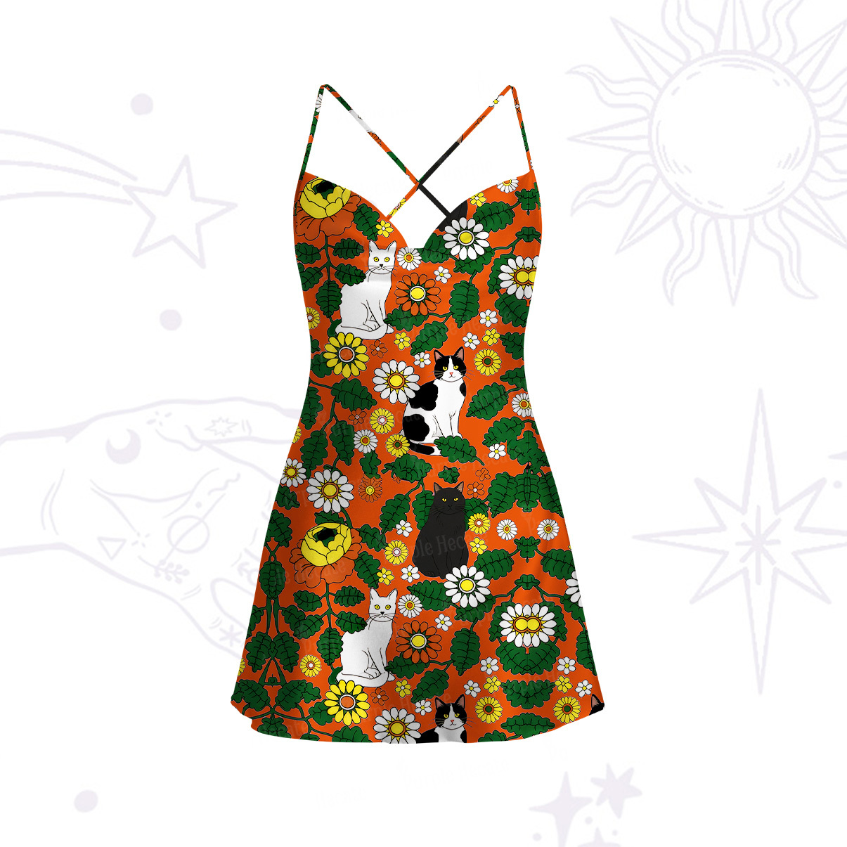 Purplehecate Daisy Cat  Garden Satin Cross Back Mini Dress