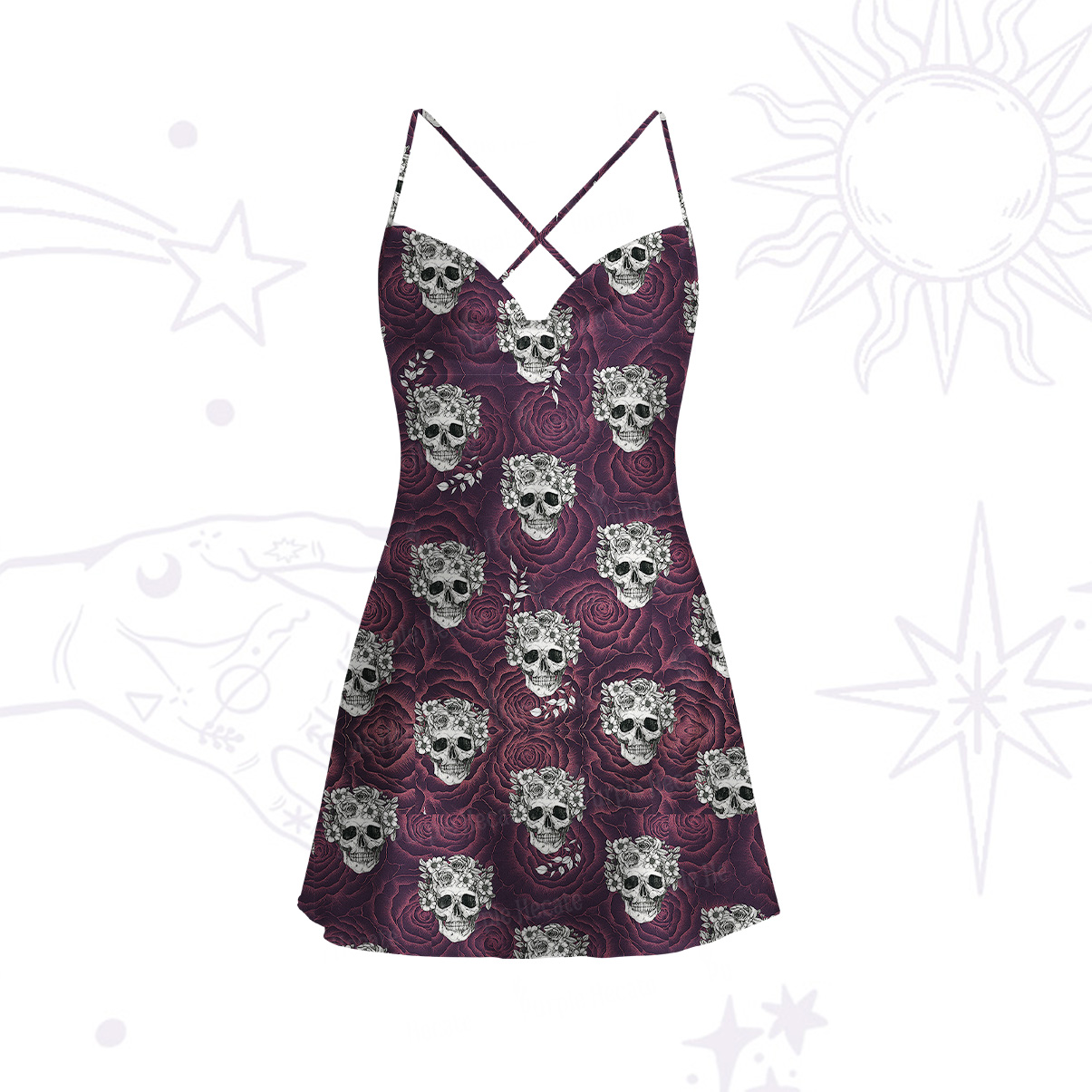 Purplehecate Rose Skulll Satin Cross Back Mini Dress