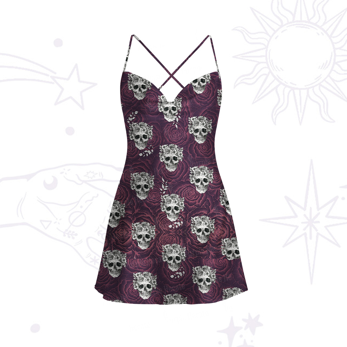 Purplehecate Rose Skulll Satin Cross Back Mini Dress