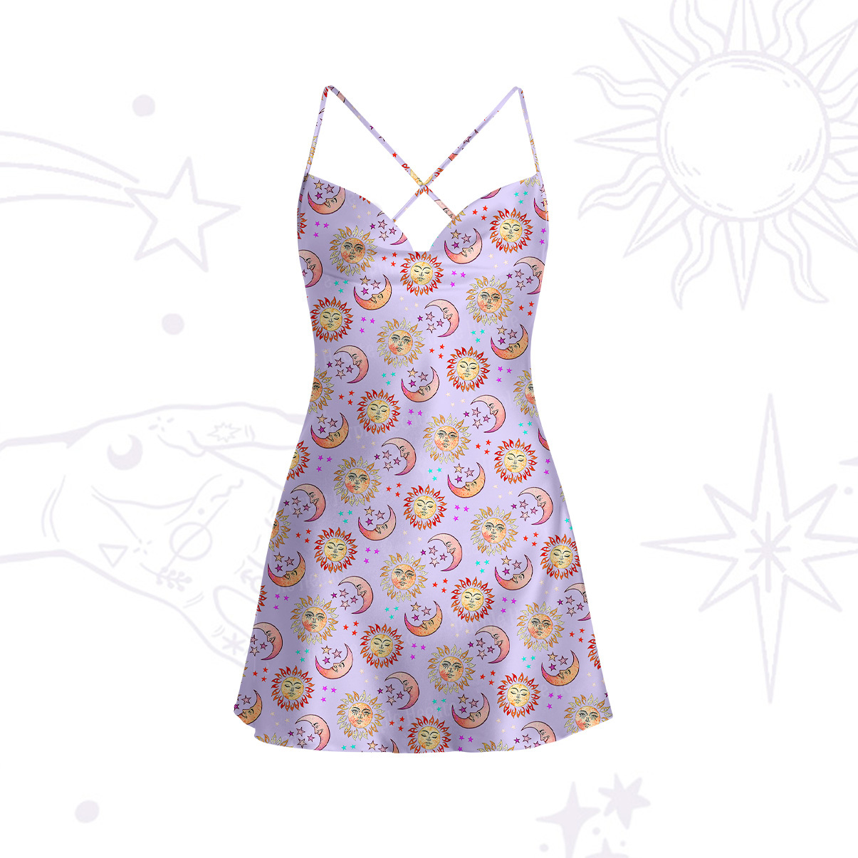 Purplehecate Dancing Suns and Lunar Dreams Satin Cross Back Mini Dress