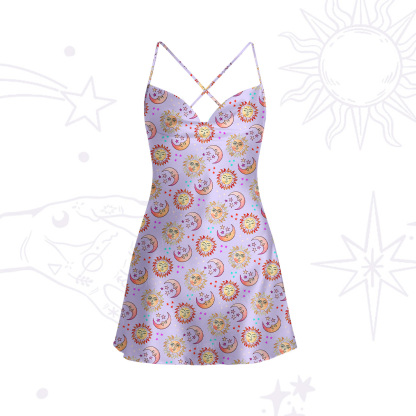 Purplehecate Dancing Suns and Lunar Dreams Satin Cross Back Mini Dress