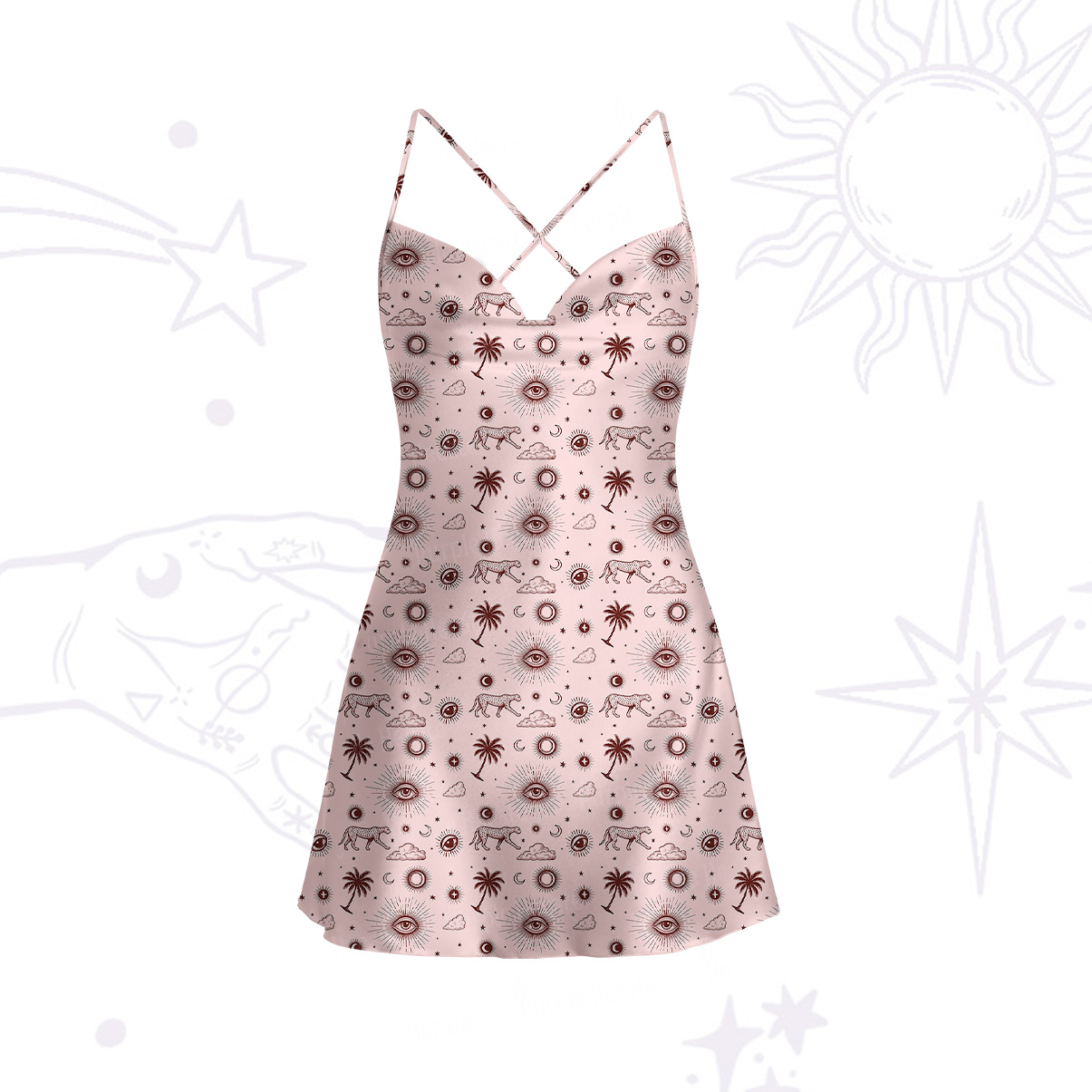 Purplehecate Eye of the Universe Satin Cross Back Mini Dress