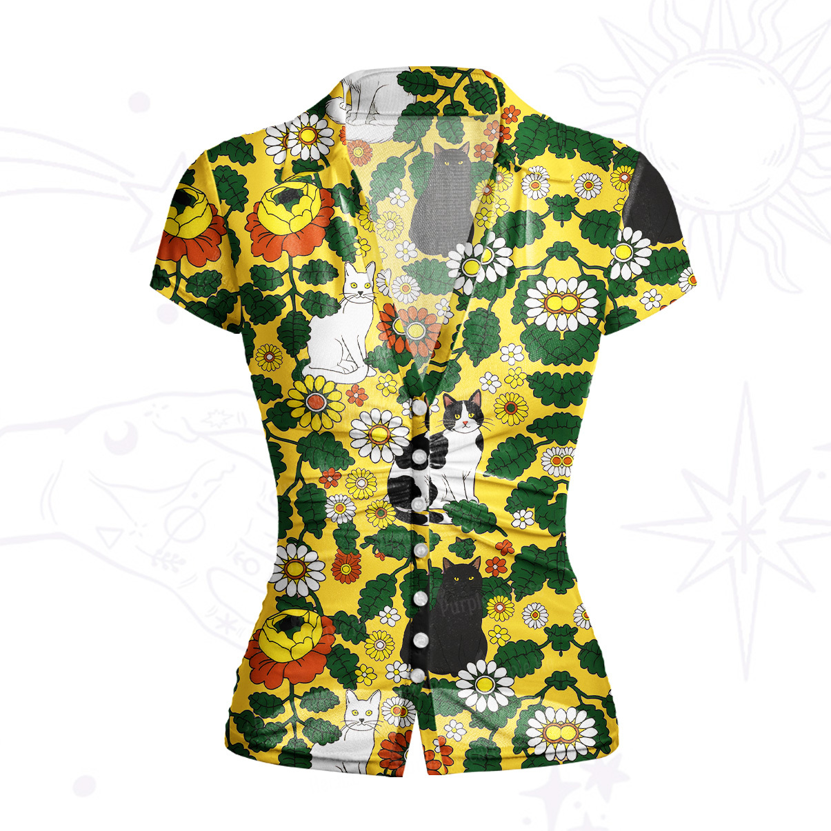 Purplehecate Daisy Cat  Garden Mesh Button Up Top