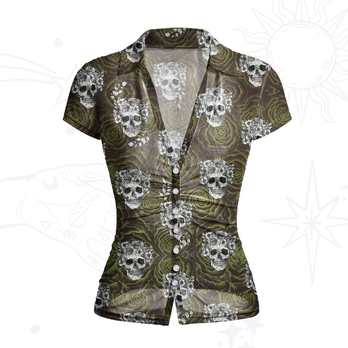 Purplehecate Rose Skull Mesh Button Up Top